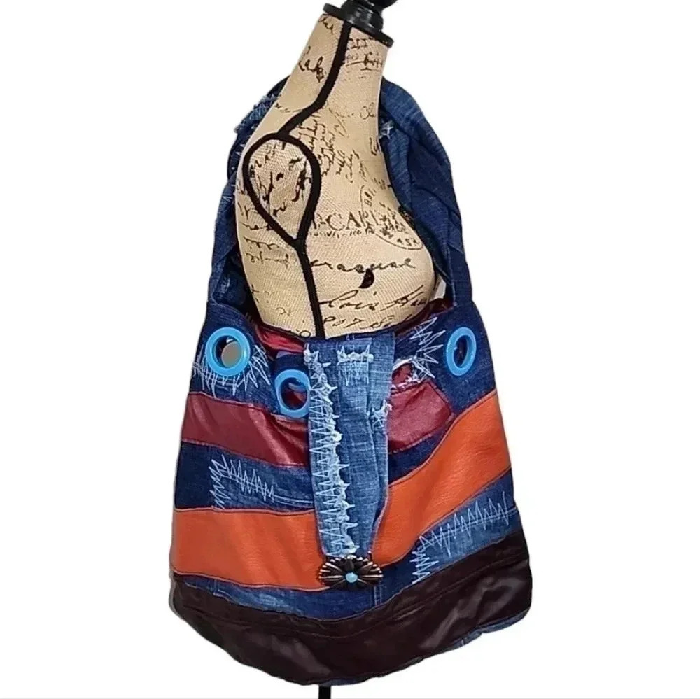 UPCYCLED Vintage Southpole extra large boho  leather patchwork Hobo bag